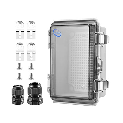 RTHIEAI Waterproof Outdoor IP67 Junction Box (5.9"x3.9"x2.8") with Mounting Plate, Hinged Clear Cover and Wall Brackets - Weatherproof ABS Plastic Electrical Enclosure for DIY Projects (150x100x70mm)