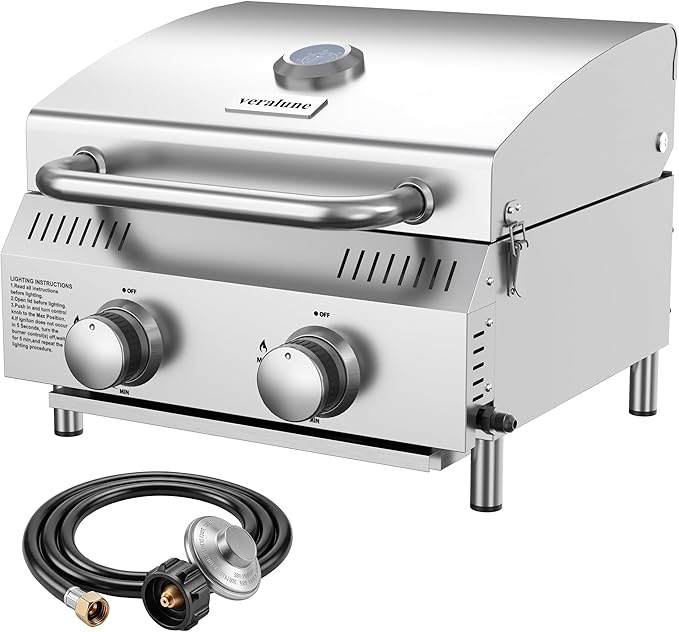 Veralune 2 Burner Tabletop Gas Grill, 22,000 BTUs Stainless Steel Portable Propane Grill with Legs, Built-in Thermometer, Travel Locks for Tailgating, Outdoor, Camping, RV Trips