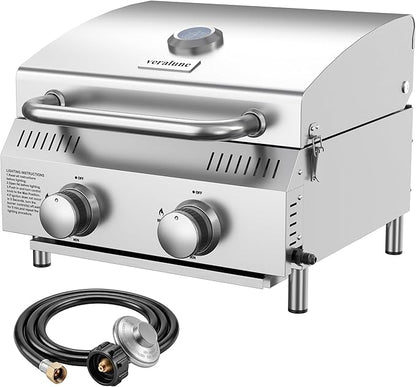 Veralune 2 Burner Tabletop Gas Grill, 22,000 BTUs Stainless Steel Portable Propane Grill with Legs, Built-in Thermometer, Travel Locks for Tailgating, Outdoor, Camping, RV Trips