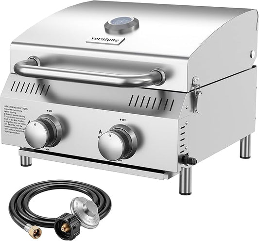 Veralune 2 Burner Tabletop Gas Grill, 22,000 BTUs Stainless Steel Portable Propane Grill with Legs, Built-in Thermometer, Travel Locks for Tailgating, Outdoor, Camping, RV Trips
