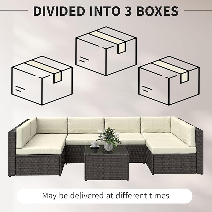 Outsunny 7 Piece Patio Furniture Set, Wicker Outdoor Sectional Sofa Set, All Weather PE Rattan Outdoor Furniture Conversation Sets with Cushions, Glass Top Coffee Table, Cream White