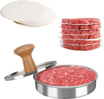 Cook Guy Burger Press 5" Hamburger Press Patty Maker – Non-Stick Hamburger Mold with 100 Patty Papers Set | 304 Stainless Mash Tool Smash for Meat Beyond Veggie Turkey Vegan Beef