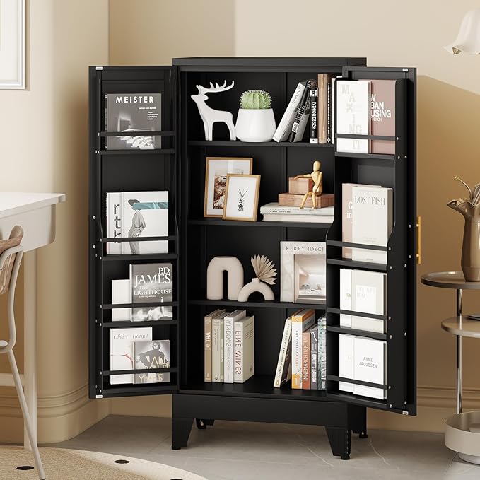 White Pantry Storage Cabinet, 48" Kitchen Pantry with Doors and 3 Adjustable Shelves, Metal Freestanding Buffet Cupboards Sideboard, for Office, Home, Garage, School