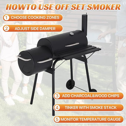 43" Barrel Charcoal Grill, Portable Grills BBQ Pit with Offset Smoker & Wheels Large Grilling Space for Outdoor Backyard, Patio and Parties, Black