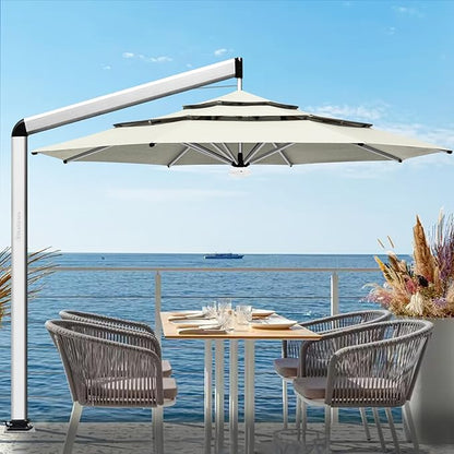 EliteShade USA Atlas 3-Tier 11FT Full Aluminum Cantilever Patio Umbrella for Outdoor Restaurant Garden Courtyard Deck Pool and Marketing with Light (No battery), Natural