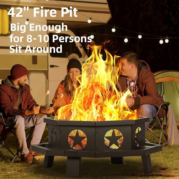 Panovue 42 inch Fire Pit for Outside, Heavy Duty Wood Burning Fire Pits with Fire Poker, Outdoor Octagonal Firepit for Camping, Yard, Patio
