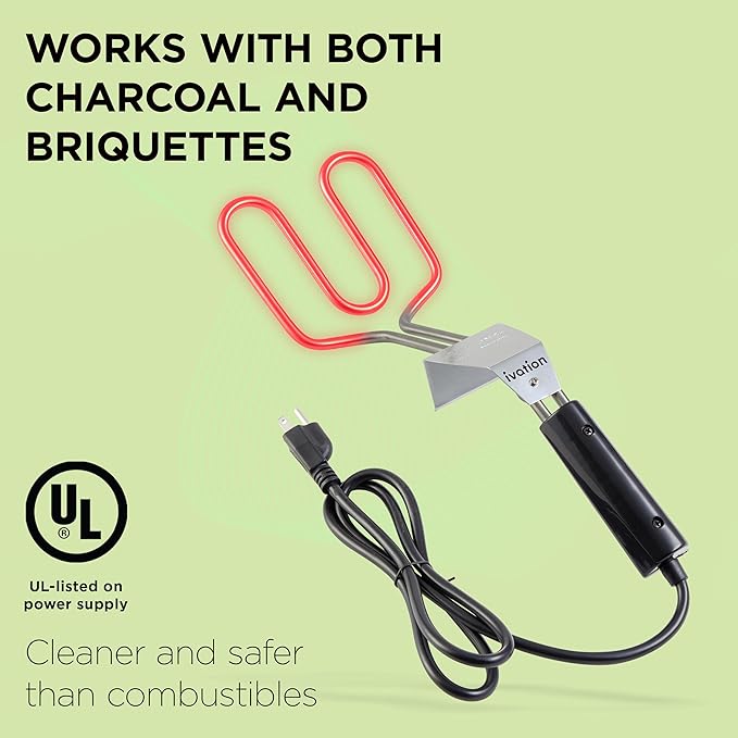 Ivation Premium 500W Electric Charcoal Starter (Small) – Quickly Ignite BBQ Grills Without Lighter Fluid or Matches – Double-Ring Design with Longer, Angled Handle Safely Heats in Just 6 Minutes