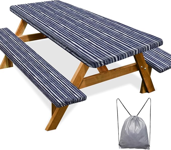 Picnic Table Cover Bench Covers Camping Essentials Tablecloth | Waterproof Vinyl for Outdoor, Windproof Elastic Fitted Edges, RV BBQ Accessories Must Haves, Storage Bag Included