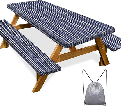 Picnic Table Cover Bench Covers Camping Essentials Tablecloth | Waterproof Vinyl for Outdoor, Windproof Elastic Fitted Edges, RV BBQ Accessories Must Haves, Storage Bag Included
