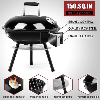 HaSteeL 14 Inch Charcoal Grill, Small Black Enamel Outdoor BBQ Grill, Mini Flat Top Kettle Barbecue Grill with Screwdriver, Portable for Backyard Garden Camping Cooking Smoking, Dual Venting System