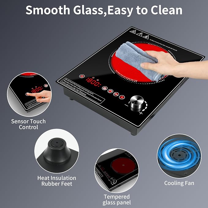 Single Burner Electric Cooktop, 1800W Electric Stove Top，portable cooktop with LED Touch Control,10Power Levels, 4H Timer, Safety Lock, single burner cooktop Overheat protection