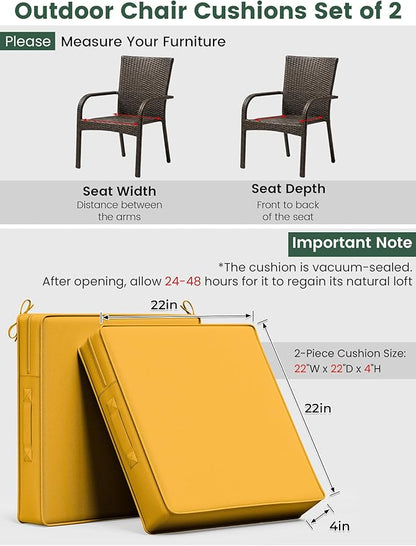 Outdoor Chair Cushion 22 x 22 x 4 Inches Patio Furniture Outdoor Waterproof Seat Cushion, Patio Chair Cushion with Handles and Ties, Square Dining Chair Cushion Set of 4, Yellow