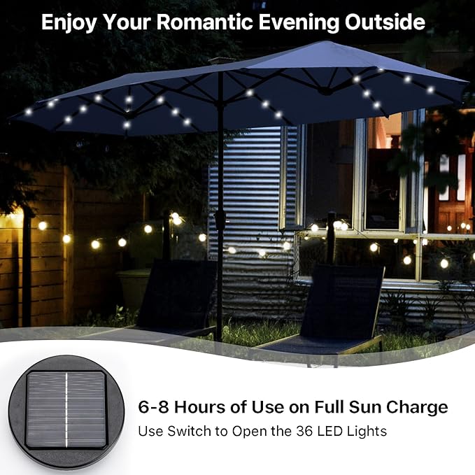 FREE SOLDIER 13ft Patio Umbrella with 36 LED Solar Lights Double Sided Outdoor Umbrella for Patio Table Umbrella with Solar lights for Garden Yard Pool (Navy)