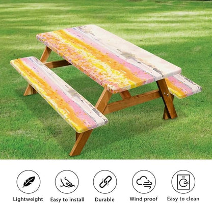 Landscape Picnic Table Cover with Bench Covers for Camping Party Supplies Outdoor Picnic Table Cover with Elastic Band