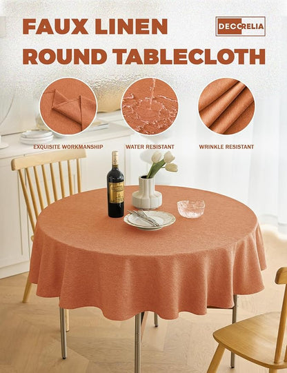 Decorelia Fall Farmhouse Round Table Cloth for Indoor/Outdoor, Harvest Thanksgiving Faux Linen Washable Tablecloth Cover for Party Dining & Kitchen Table Decor (60 Inch,Round (2-4 Seats), Orange)