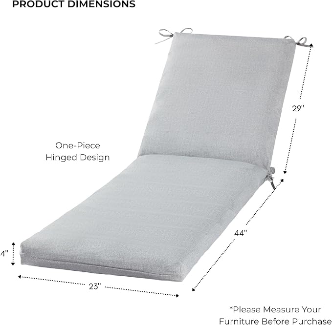 Modern Outdoor Chaise Lounge Cushion with Ties – Durable Polyester Fabric, Channel-Filled Polyfiber Insert, Removable Zippered Cover, Heather Gray