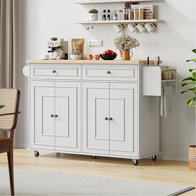 ComfyCorner 58" Rolling Kitchen Island with Storage, Island Table for Kitchen with Power Outlet, Multi-level Kitchen Islands on Wheels, Mobile Bar Cart with Spice Rack, Towel Rack, Knife Holder, White