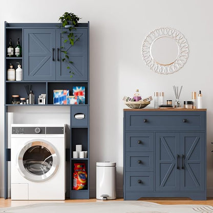 Vabches Farmhouse Storage Cabinet with 2 Doors and 4 Drawers, Freestanding Bathroom Storage Cabinet Kitchen Pantry, Floor Hutch Cupboard for Living Room/Bathroom/Kitchen,Blue