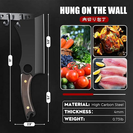 ROCOCO Butcher Meat Cleaver Knife - Hand Forged Meat Cutting Knife with Sheath Outdoor BBQ Camping Birthday Christmas Gift Idea Men Black 5.9"