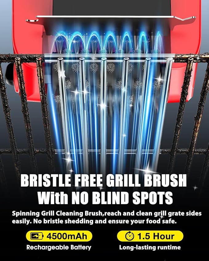Electric Grill Brush-Bristle-Free Spinning-Grill-Cleaning-Brush-Outdoor-Automatic-BBQ-Grill-Cleaner with LED,Dual-Speed Motor,4500mAh Rechargeable Motorized Power Barbecue Safe Heavy Duty Tool
