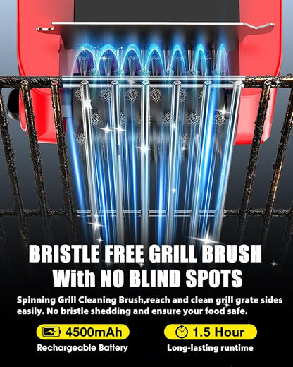 Electric Grill Brush-Bristle-Free Spinning-Grill-Cleaning-Brush-Outdoor-Automatic-BBQ-Grill-Cleaner with LED,Dual-Speed Motor,4500mAh Rechargeable Motorized Power Barbecue Safe Heavy Duty Tool