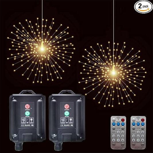 PXBNIUYA 2 Pack Starburst Sphere Lights with Remote Control,200 LED Firework Light, 8 Modes Dimmable Waterproof Copper Wire Hanging Fairy Light for Patio Parties Christmas (Solar Powered)
