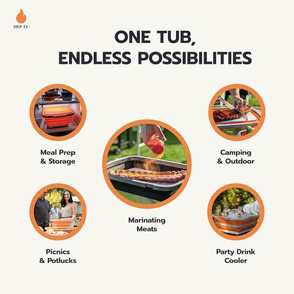 Drip EZ Collapsible BBQ Prep Tub - For Meal Prep, Marinating, Food Storage - Includes Cutting Board & Locking Lid - (1) XL - Sandstone
