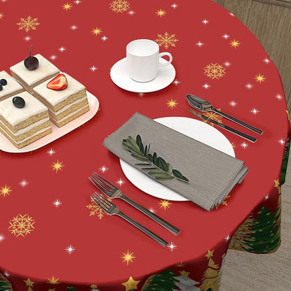 Sweetshow Winter Gold Snowflake Table Cloth Round Xmas Trees Red Tablecloth 70 Inch Decor Washable Stain and Wrinkle Resistant Round Table Cover for Dining Picnic