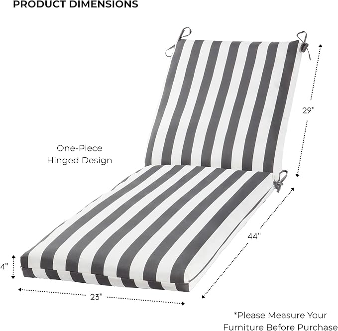Modern Outdoor Chaise Lounge Cushion with Ties – Durable Polyester Fabric, Channel-Filled Polyfiber Insert, Removable Zippered Cover, Canopy Stripe Gray
