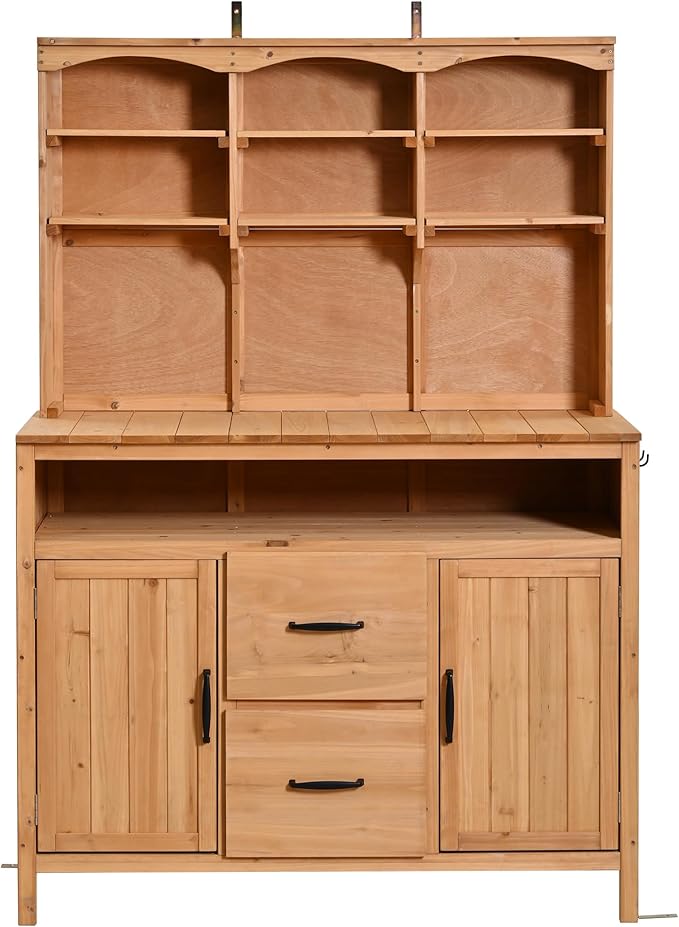 Merax 45.3" Large Outdoor Fir Wood Potting Bench with Storage, Multi-Functional Patio Kitchen Island, 6-Shelf Hutch+2 Cabinets+2 Drawers+3 Hooks, Garden Workstation for Planting, Gardening, Natural