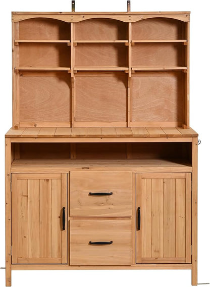Merax 45.3" Large Outdoor Fir Wood Potting Bench with Storage, Multi-Functional Patio Kitchen Island, 6-Shelf Hutch+2 Cabinets+2 Drawers+3 Hooks, Garden Workstation for Planting, Gardening, Natural