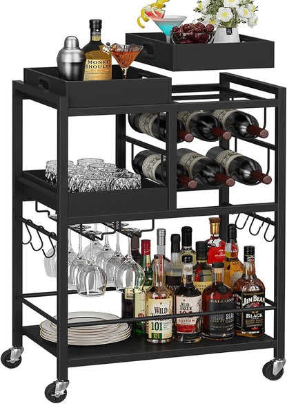 TUTOTAK Bar Cart with Wheels, Drink Cart with Wine Rack and Glass Holder | 3-Tier 24.8 Inch Wide Home Bar Serving Carts, Small Mobile Kitchen Shelf with 6 Hooks, Black BC01BK037