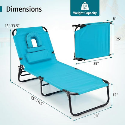 GYMAX Beach Lounge Chair, Sunbathing Chair Patio Lounge Chair Folding Adjustable Recliner with Hole for Face