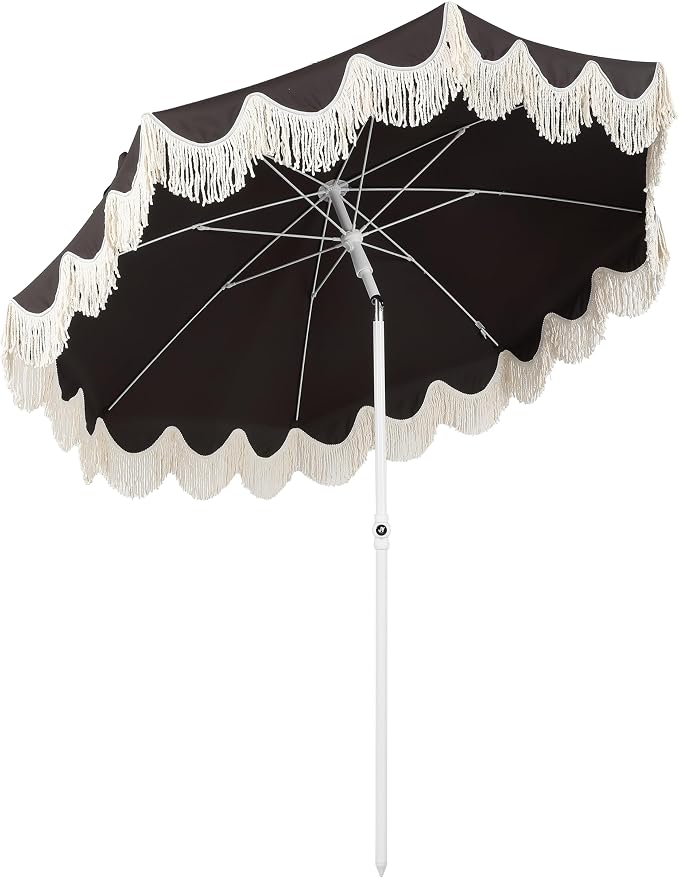 JONATHAN Y Mariner 6.5 ft. Solid Fringe Beach Umbrella, Black | Push-Button Tilt, UV 50 Protection, Matching Carry Bag, White Iron Pole, Wind Vent, Scalloped Round Canopy