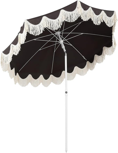 JONATHAN Y Mariner 6.5 ft. Solid Fringe Beach Umbrella, Black | Push-Button Tilt, UV 50 Protection, Matching Carry Bag, White Iron Pole, Wind Vent, Scalloped Round Canopy