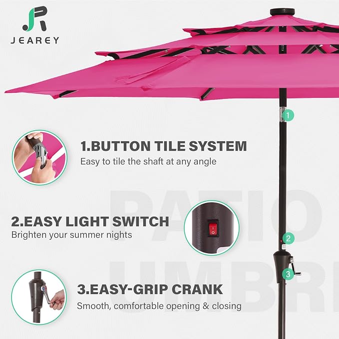 JEAREY 9 ft 3-Tier Outdoor LED Lighted Patio Umbrella w/Crank, Pink | Solar Market Table Umbrella with 8 Sturdy Ribs, UV Protection Waterproof Sunproof for Garden, Deck and Backyard