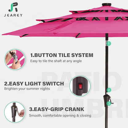 JEAREY 9 ft 3-Tier Outdoor LED Lighted Patio Umbrella w/Crank, Pink | Solar Market Table Umbrella with 8 Sturdy Ribs, UV Protection Waterproof Sunproof for Garden, Deck and Backyard