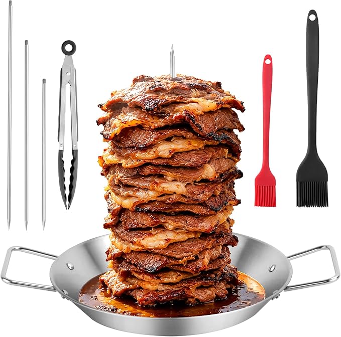 Al Pastor Skewer for Grill, Stainless Steel Vertical Skewer with 3 Removable Spikes (8", 10", 12"), Basting Brushes &Food Tongs, Trompo para Tacos al Pastor, Shawarma Spit Stand for Smoker & Oven