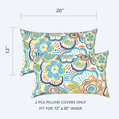 LVTXIII Outdoor Lumbar Pillow Covers Set of 2 Patio Decorative Pillow Cases, Water Repellent Lumbar Cushion Cases for Sofa, Patio Couch Garden Use, 12x20 Inch, Flower Blue