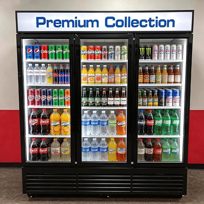 71” Wide Commercial Beverage Refrigerator Display Fridge, Three Glass Door Merchandiser Drink Cooler With LED Light 9 Adjustable Shelves,ETL Sanitation,63.5 Cu Ft,BLACK,Wheels Included