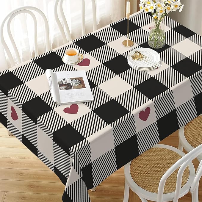 Decorative Rectangle Table Cloths Checkered Valentines Black Plaid Red Heart Tablecloth Table Cover for Dining/BBQ/Picnic/Coffee Table 52 X 70 Inches