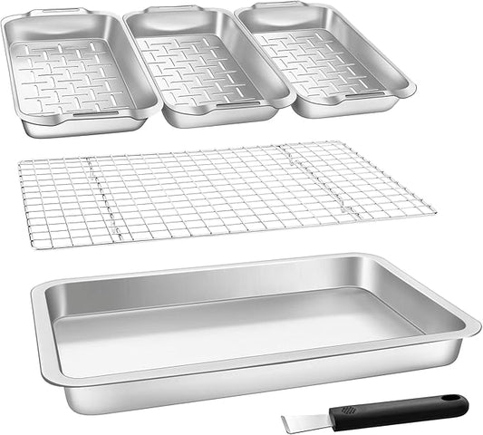 VIKEYHOME Grill Carry System, 6-Piece Stainless Steel Large Food Prep Tray, 16.5" x 11" Pan, Outdoor Grill with Cooling Rack for Vegetables, Fish, Meat, Great Grilling Gifts for Men