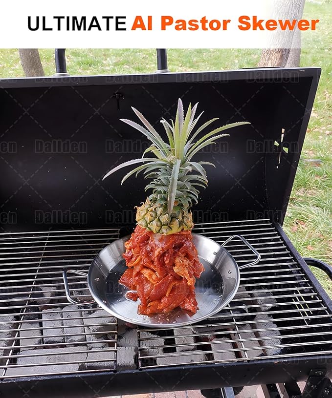 BBQ Vertical Skewer Al Pastor for Grill-Vertical Spit with 13" Base Pan for Tacos Al Pastor, Vertical Rotisserie Shawarma-Grilling Accessory with 3 Spikes (8”,10" and 12”)