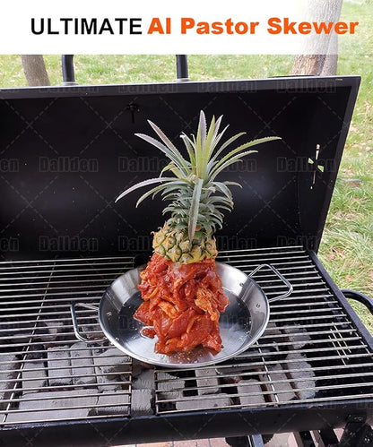 BBQ Vertical Skewer Al Pastor for Grill-Vertical Spit with 13" Base Pan for Tacos Al Pastor, Vertical Rotisserie Shawarma-Grilling Accessory with 3 Spikes (8”,10" and 12”)