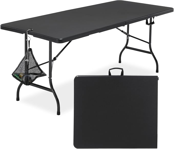 VECELO 6 ft Picini Table with Thickened Top | Removable Mesh Bag | Strong Side Support, 500lbs Weight Capacity Folding Table, Indoor & Outdoor, with Carrying Handle,Black