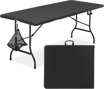 VECELO 6 ft Picini Table with Thickened Top | Removable Mesh Bag | Strong Side Support, 500lbs Weight Capacity Folding Table, Indoor & Outdoor, with Carrying Handle,Black