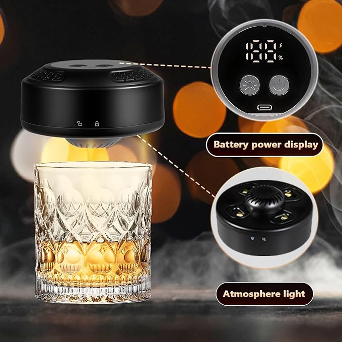 Electric Whiskey Smoker Kit with LED Light Show & Battery Gauge - 7 Dynamic Light Modes, 6 Wood Chips, USB-C Rechargeable