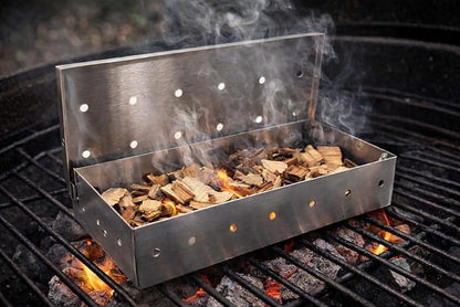 Deluxe BBQ Smoker Kit with Grilling Accessories | Includes Smoker Box, Basting Brush, Meat Thermometer, Heat-Resistant Glove, Instruction Manual, & 3 oz Hickory, Cherry & Apple Wood Chips