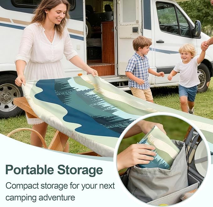 Picnic Table Cover Bench Covers Camping Essentials Tablecloth | Waterproof Vinyl for Outdoor, Windproof Elastic Fitted Edges, RV BBQ Accessories Must Haves, Storage Bag Included