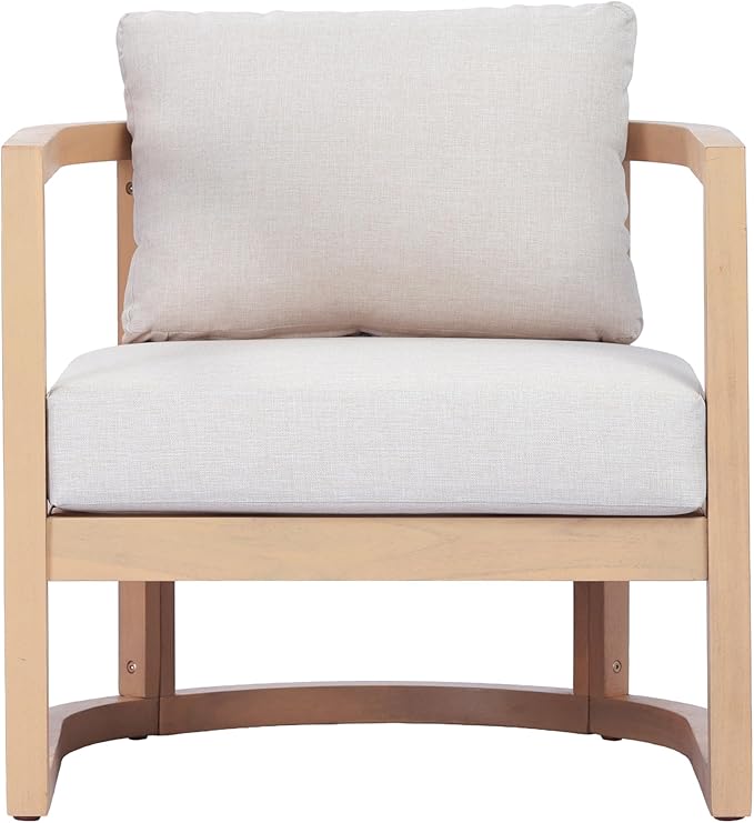 Merax Outdoor Acacia Wood Club Chair wtih Cushions, Patio Sofa Armchair with Rattan-Woven Back, Sturdy Base for Porch, Lawn, Backyard, Balcony, Light Teak